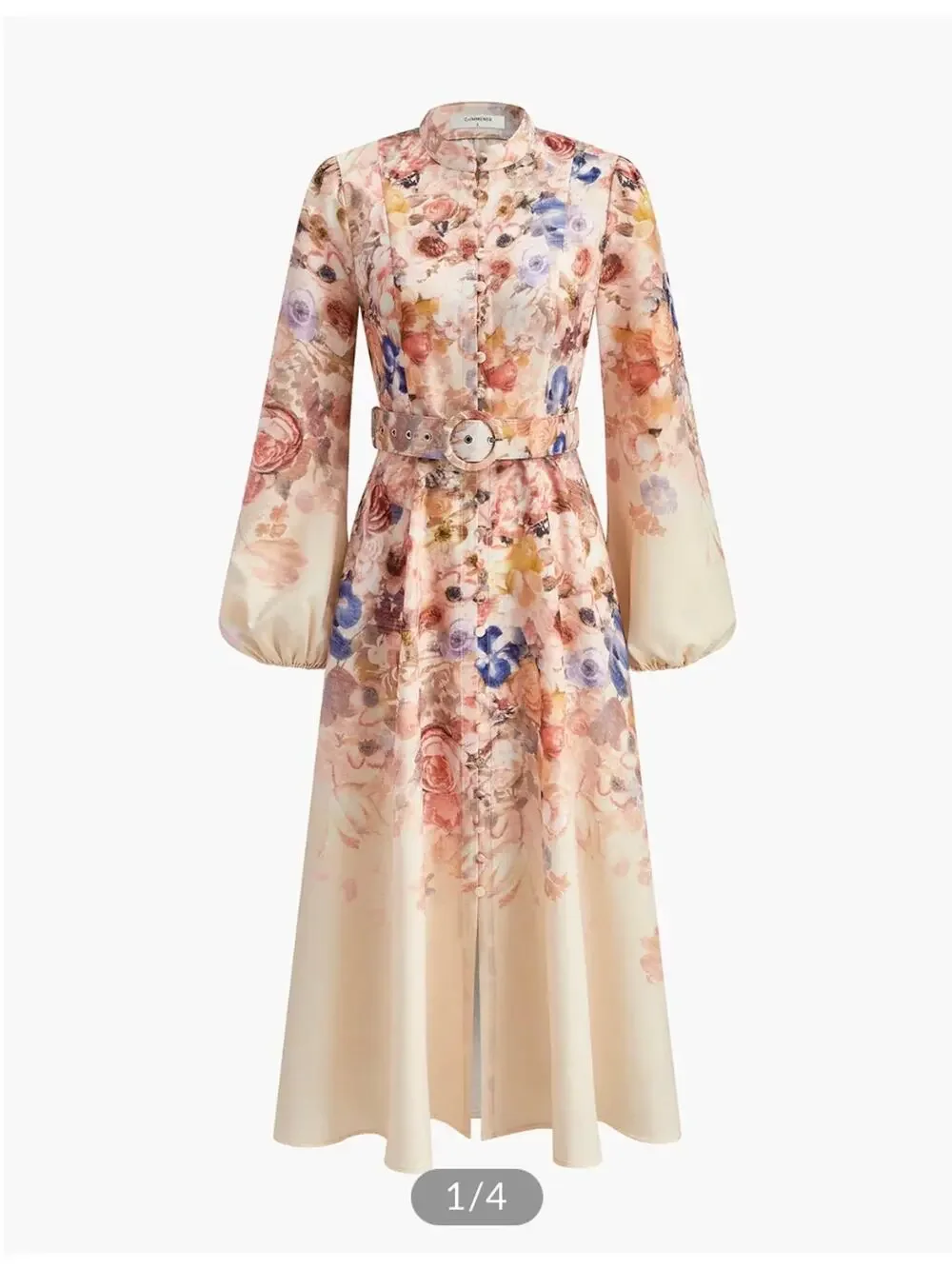 Commense Balloon Sleeve Floral Belted Midi Dress Mock Neck Pink Size Small NWT - Picture 1 of 9